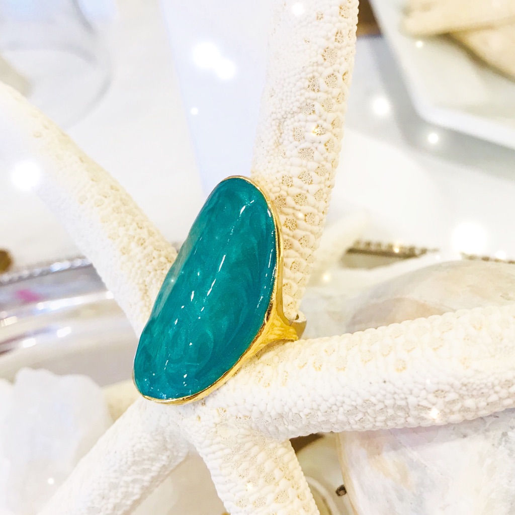 14k Gold Plated Enameled Oval Finger Blue/Green Art Deco Ring